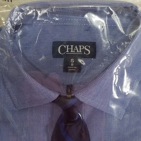 Chaps Kids Dress Shirt With Easy-Clip Tie Sz XS/6-7 Blue Long Sleeve Stretch New - Picture 2 of 4